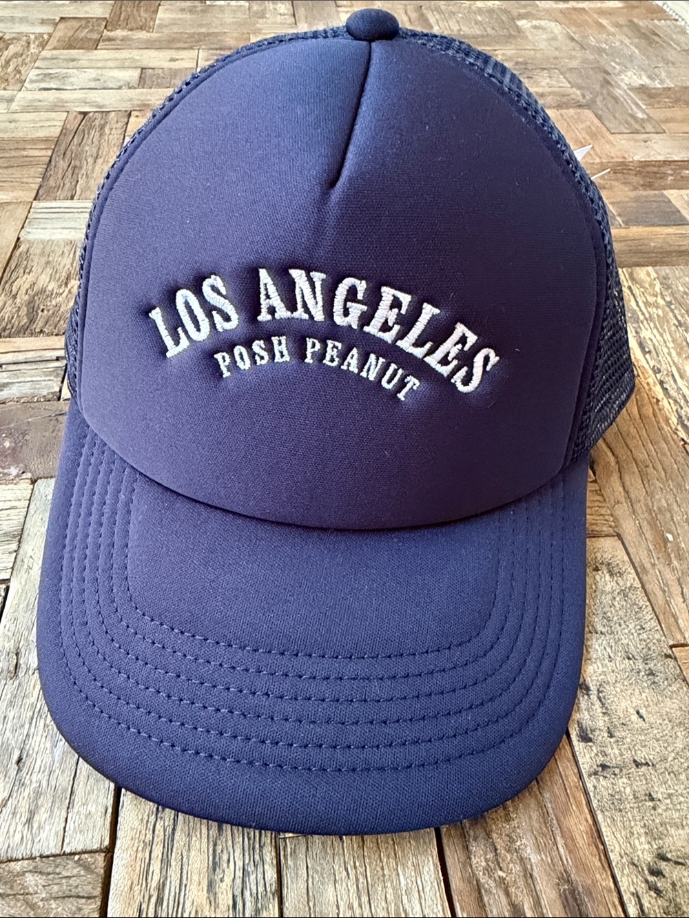 Posh Peanut Navy Los Angeles Embroidered Varsity Trucker Hat